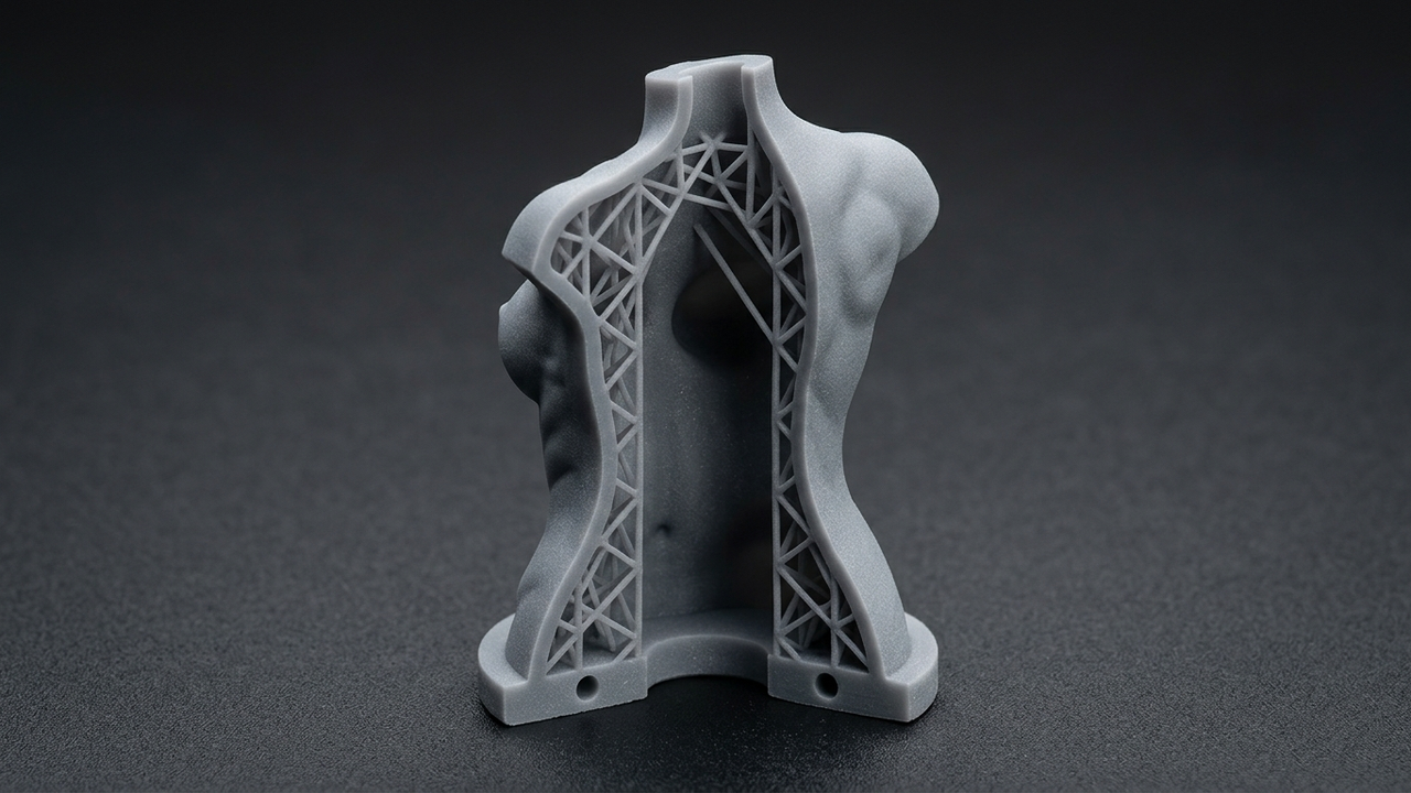 How AI 3D Modeling Should Be Used: The 80/20 Rule—80% AI Concept Speed + 20% Human DfAM Engineering + GLUCK 6-Gate Execution — Cutaway section of hollowed Tripo 3D SLA figurine showing 2.5mm uniform wall, internal lattice & dual Ø4.0mm drain holes — Concept Illustration (Not a Photograph of Delivered Client Parts)
