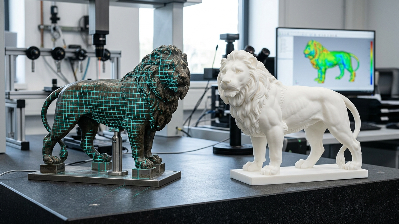 Meshy AI 기업 시상식 트로피·조형물 디자인 및 글룩 SLA 출력 + 진공증착·크롬 도금 마감 프로세스 — 3D 가우시안 스플래팅·광학 스캔 데이터의 수밀화(Watertight) 보정 및 SLA 복원 조형 개념 설명 이미지 (실제 납품물 촬영 사진 아님)