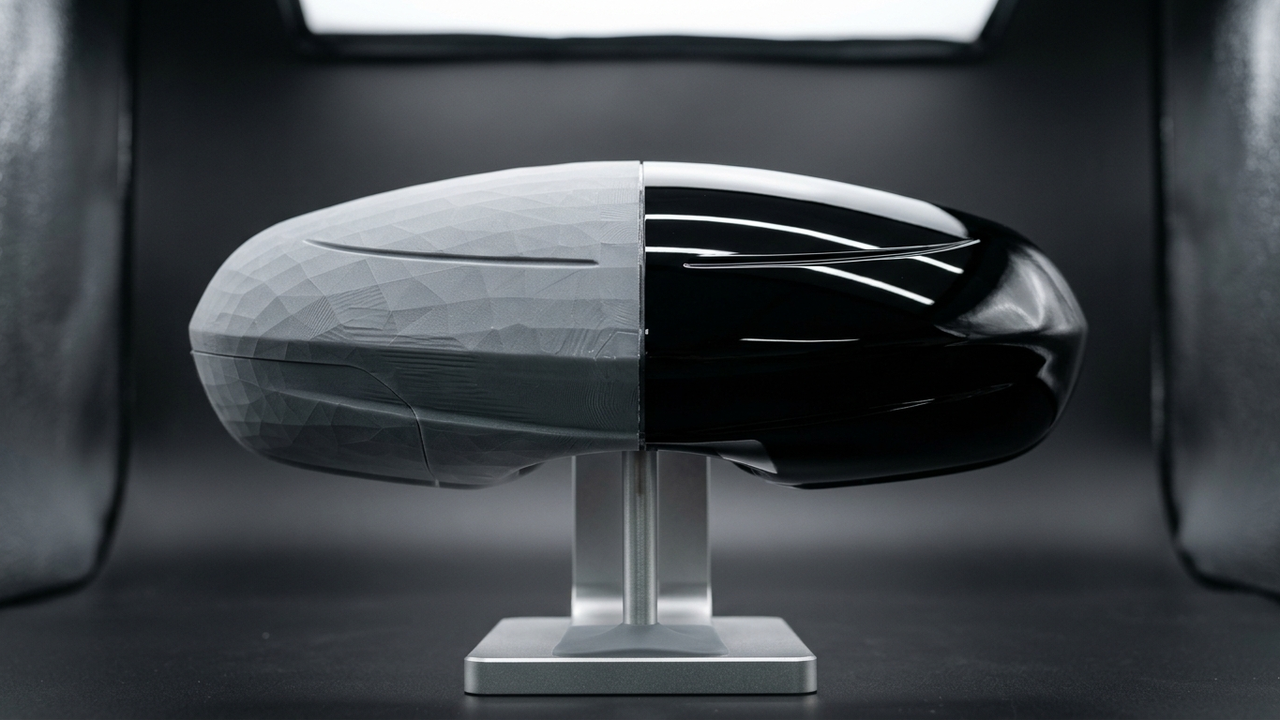 Generative Acoustic Diffuser Wall Panels via Meshy AI & Parallel 48-Machine SLA Batch Production at GLUCK — Low-poly faceted AI mesh (left) vs. Blender SubD smoothed & Class-A piano-black painted automotive mirror cap (right) — Concept Illustration (Not a Photograph of Delivered Client Parts)