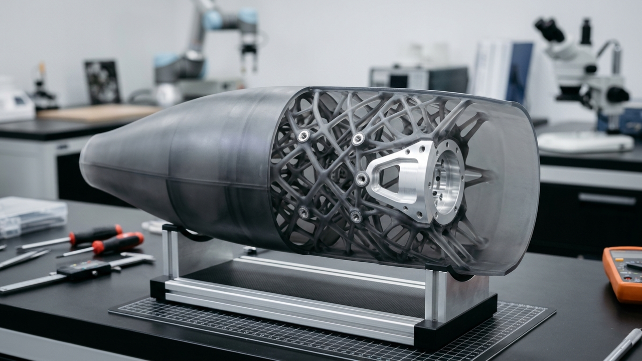 How AI 3D Modeling Should Be Used: The 80/20 Rule—80% AI Concept Speed + 20% Human DfAM Engineering + GLUCK 6-Gate Execution — Aerodynamic VTOL drone motor nacelle shroud with internal cooling fins and brass inserts printed in G40-JG SLA — Concept Illustration (Not a Photograph of Delivered Client Parts)
