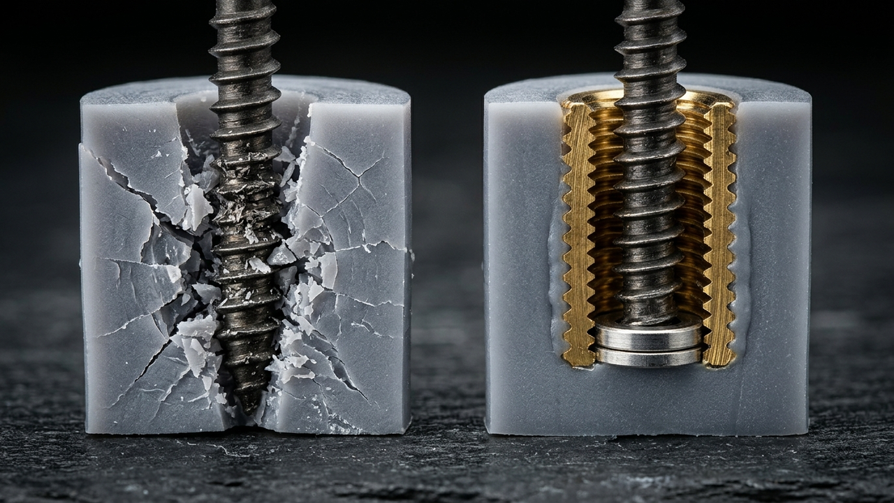 Combining Fusion 360 Generative Design Topology Optimization with GLUCK SLA to Cut Robotics Bracket Weight by 45% — Cracked direct-tapped resin boss (left) vs. heat-set knurled brass insert and metal compression limiter boss (right) — Concept Illustration (Not a Photograph of Delivered Client Parts)