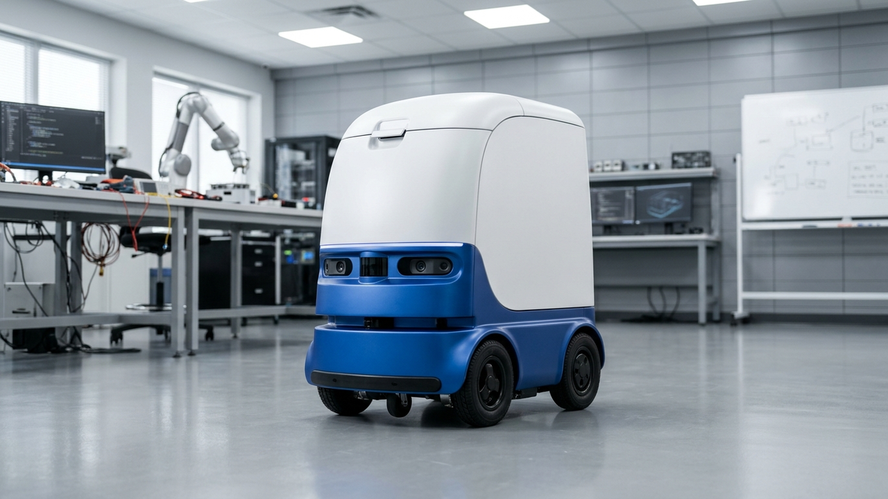 Rapid Architectural & Product Massing Studies: Generating 20 Variants with SF3D/InstantMesh and Batch-Printing on GLUCK SLA — Autonomous delivery robot (AMR) wearing a 920mm monolithic GLUCK SLA body shell in satin white & matte black — Concept Illustration (Not a Photograph of Delivered Client Parts)