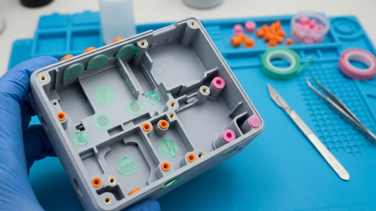 AI Print Failure #19: Heavy Solid Statues Detaching from Supports Mid-Build—Mandatory Hollowing & Internal Lattice Bracing — Zone A/B/C precision green die-cut masking tape and silicone boss plugs protecting mating datums before urethane painting — Concept Illustration (Not a Photograph of Delivered Client Parts)