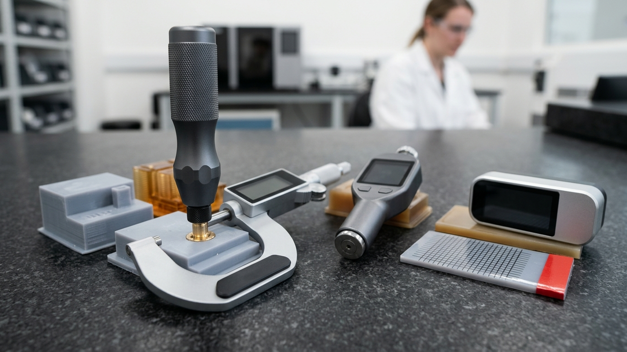 Extracting Best-Fit Datum Planes & Cylinder Axes from 3D Scan Meshes in Rhino MCP for Fast GLUCK Reverse Engineering — GLUCK 6-Gate pre-production qualification bench with Creaform 3D scanner, torque driver, pin gauges & Pantone master plaques — Concept Illustration (Not a Photograph of Delivered Client Parts)