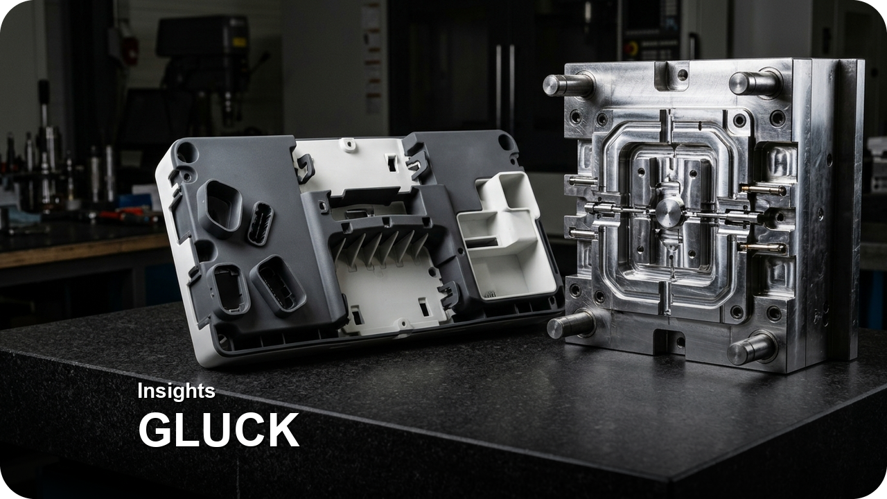 Beyond Initial Mold Price (FM): Accounting for Tool Storage, Rust Prevention, Press Setup & Maintenance in Lifecycle TCO — Side-by-side comparison of a machined metal mold core block versus an undercut-rich monolithic industrial SLA housing — Concept Illustration (Not a Photograph of Delivered Client Parts)