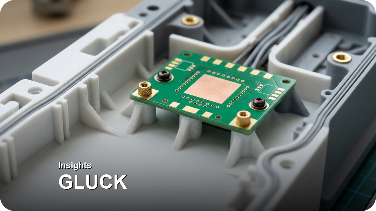 PCB Layout & Mounting Boss Relocation (Rev A → Rev B): Mold Core Welding & EDM Rework vs. Next-Batch SLA CAD Update — Internal gusseted mounting bosses fitted with knurled brass threaded inserts aligned to an electronics circuit board — Concept Illustration (Not a Photograph of Delivered Client Parts)