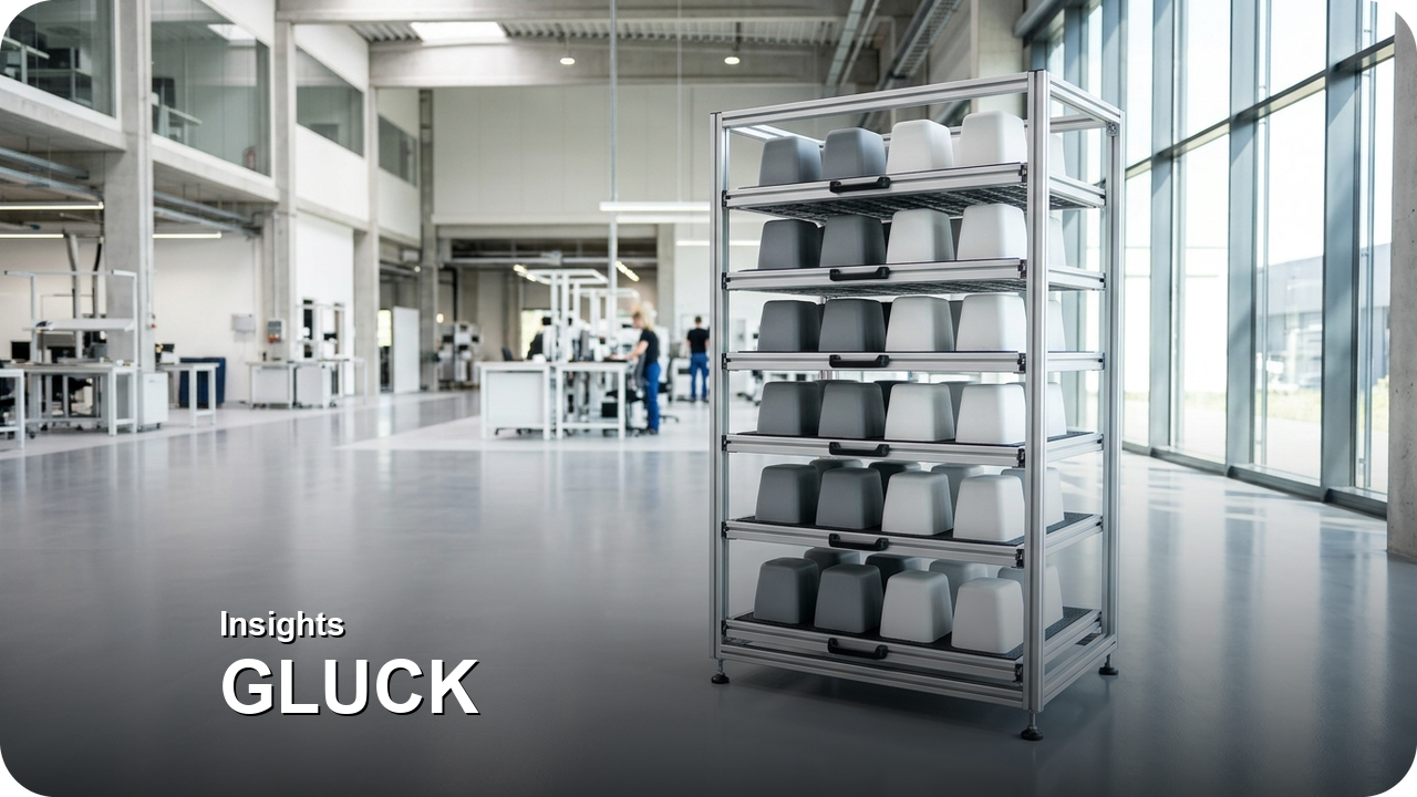 The Real-Option Value of Split Production: Halting or Pivoting Releases #2 and #3 When Market Demand Shifts — Cleanroom modular aluminum rack storing a compact, dust-protected batch of 24 finished SLA robotics housings with zero excess warehouse clutter — Concept Illustration (Not a Photograph of Delivered Client Parts)