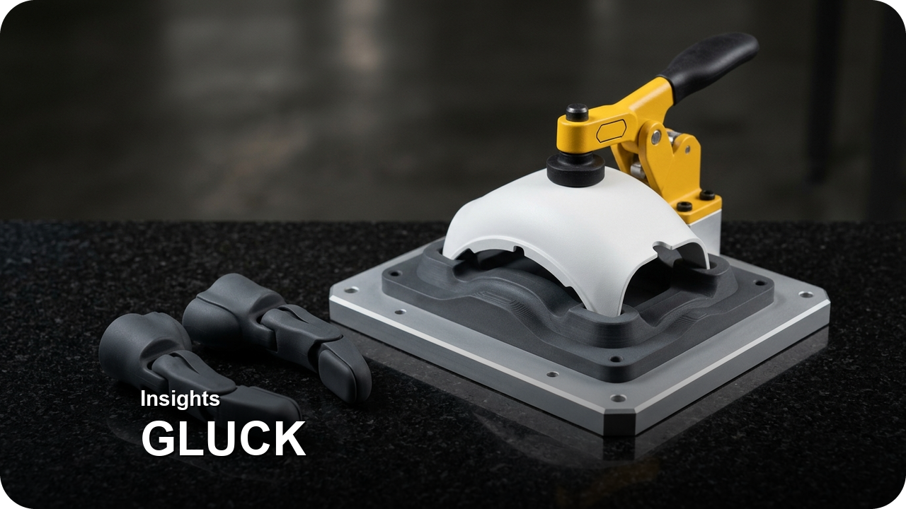 ESG & Sustainable Manufacturing: How Zero-Overproduction SLA Eliminates Unneeded Tool Steel and Obsolete Plastic Scrap — Custom-contoured matte dark-grey SLA inspection nest fixture with a yellow toggle clamp alongside bespoke conformal robotic gripper fingers — Concept Illustration (Not a Photograph of Delivered Client Parts)