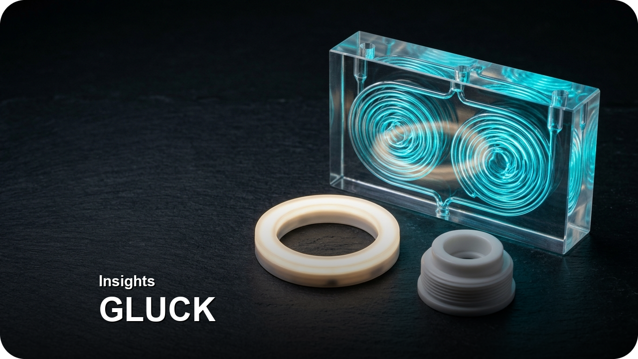 Qualifying Clear SLA Parts (Gate 3 & Gate 5): Optical Polishing, Fluid-Channel Visibility, LED Light-Diffuser Coating & UV Care — Gate-6 optical Clear SLA qualification showing a crystal-clear polished microfluidic spiral manifold block beside a warm-white LED light-pipe ring — Concept Illustration (Not a Photograph of Delivered Client Parts)