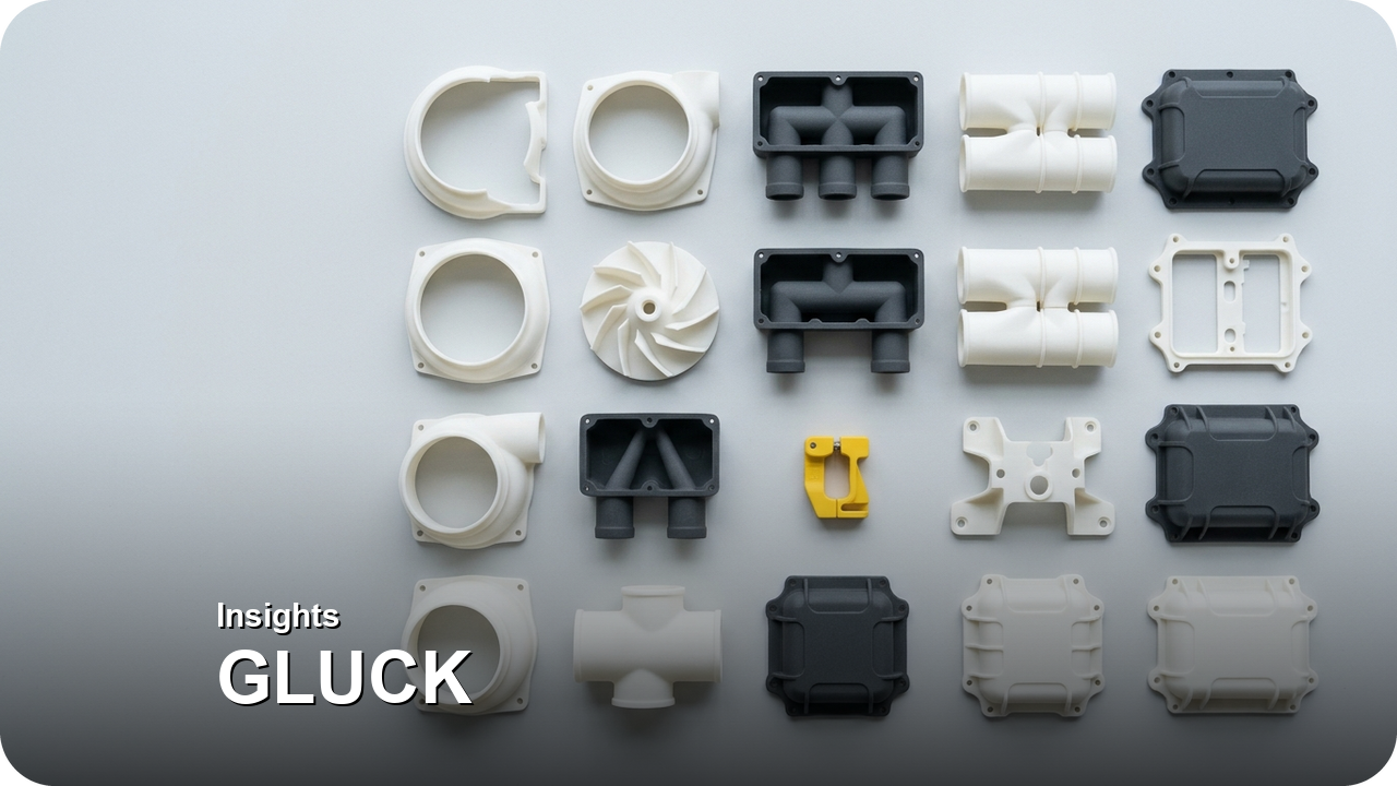 Quantifying Excess Inventory Obsolescence When 18-Month Tech Lifecycles Collide with High Molding MOQs — Swiss-grid flat-lay of 16 distinct multi-SKU industrial SLA housings, impellers, manifolds, and brackets representing zero-stock digital inventory — Concept Illustration (Not a Photograph of Delivered Client Parts)