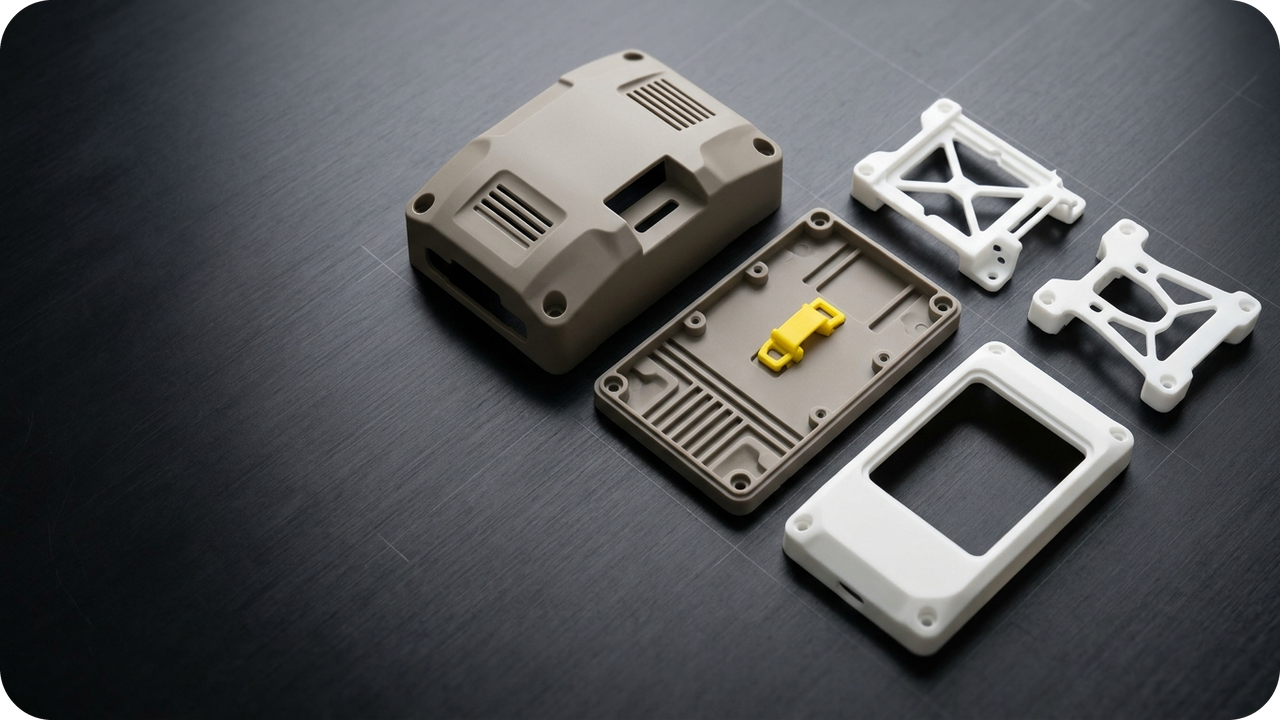 DfAM Part Consolidation: Merging 3 Molded Sub-Parts into 1 Monolithic SLA Housing to Eliminate 3× Tooling & Assembly Labor — 5-piece matched device enclosure kit (upper/lower shells, front bezel, and internal sensor brackets) produced without multi-cavity mold tooling — Concept Illustration (Not a Photograph of Delivered Client Parts)