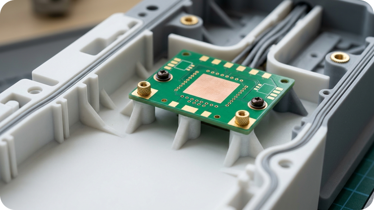 Supply-Chain Resilience: Rapidly Adapting Internal Brackets & Bezels When Displays or Sensors Go End-of-Life — Internal gusseted mounting bosses fitted with knurled brass threaded inserts aligned to an electronics circuit board — Concept Illustration (Not a Photograph of Delivered Client Parts)