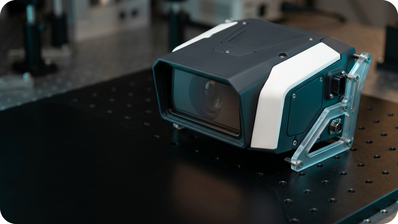 Quantifying Excess Inventory Obsolescence When 18-Month Tech Lifecycles Collide with High Molding MOQs — Angled robotics LiDAR and depth-camera sensor shroud with flush dark-tinted optical window and precision mounting brackets — Concept Illustration (Not a Photograph of Delivered Client Parts)