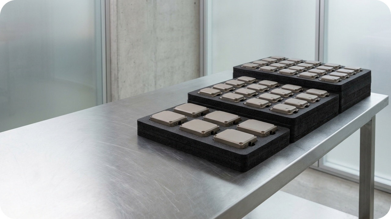 When Excessive Lot Splitting Backfires: Balancing Inventory Savings Against Cumulative Per-Release Setup & Freight Fees — Three stepped conductive EVA foam trays holding 6, 12, and 18 enclosures to illustrate staged ramp-up split-batch releases — Concept Illustration (Not a Photograph of Delivered Client Parts)