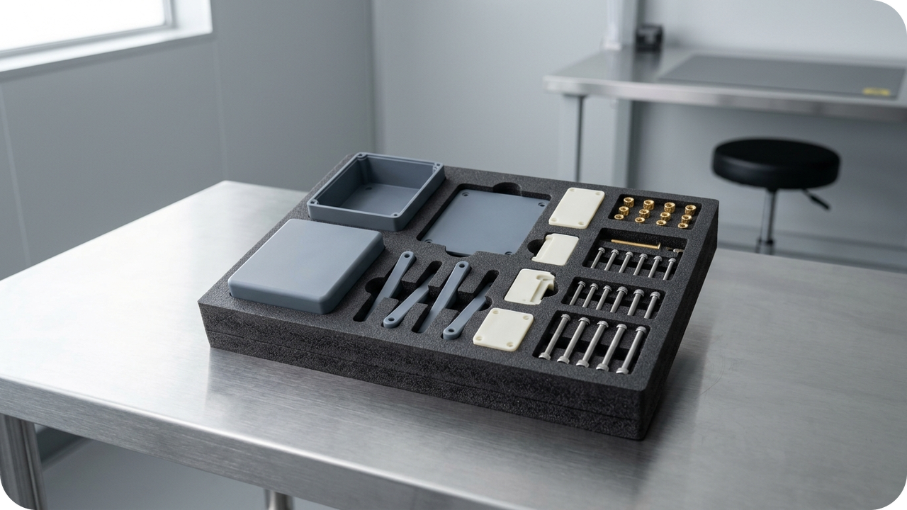 Kit-Based Split Delivery: Receiving Matched Upper/Lower Housings and Brackets as Complete Unit Kits Per Release — CNC-cut charcoal EVA foam assembly kitting tray grouping a complete single-unit SLA housing set with brass inserts and socket bolts — Concept Illustration (Not a Photograph of Delivered Client Parts)