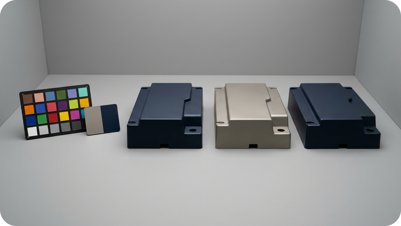 When Excessive Lot Splitting Backfires: Balancing Inventory Savings Against Cumulative Per-Release Setup & Freight Fees — D65 daylight color-inspection booth comparing master reference color plaques against satin warm-grey and deep-navy painted SLA instrument covers — Concept Illustration (Not a Photograph of Delivered Client Parts)