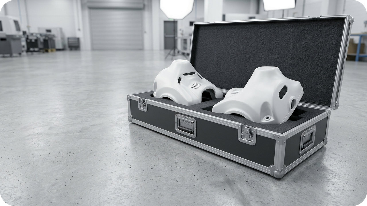 The 2030 Zero-Inventory Vision: Connecting Cloud Part Libraries Directly to 48-Machine Industrial SLA Smart Factories — Custom-contoured high-density polyethylene foam transit cradles protecting curved satin-white SLA equipment covers inside heavy-duty flight cases — Concept Illustration (Not a Photograph of Delivered Client Parts)
