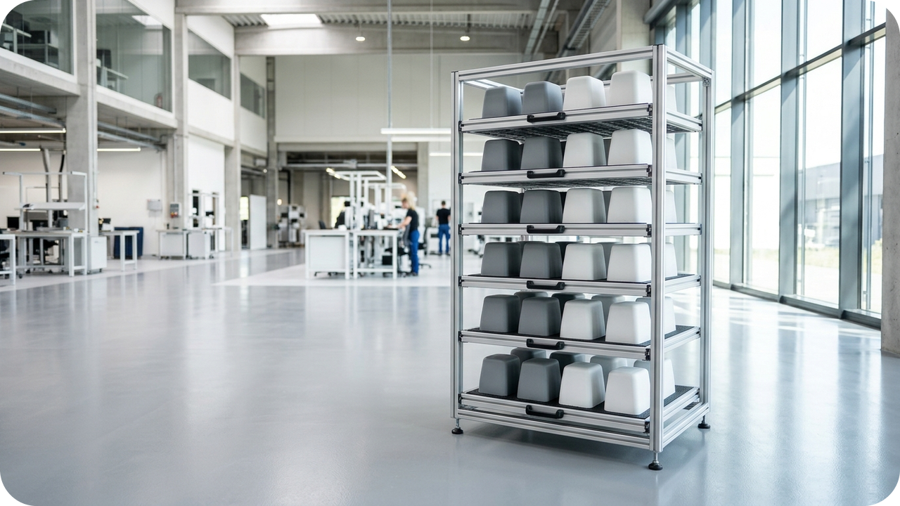 Beyond Initial Mold Price (FM): Accounting for Tool Storage, Rust Prevention, Press Setup & Maintenance in Lifecycle TCO — Cleanroom modular aluminum rack storing a compact, dust-protected batch of 24 finished SLA robotics housings with zero excess warehouse clutter — Concept Illustration (Not a Photograph of Delivered Client Parts)