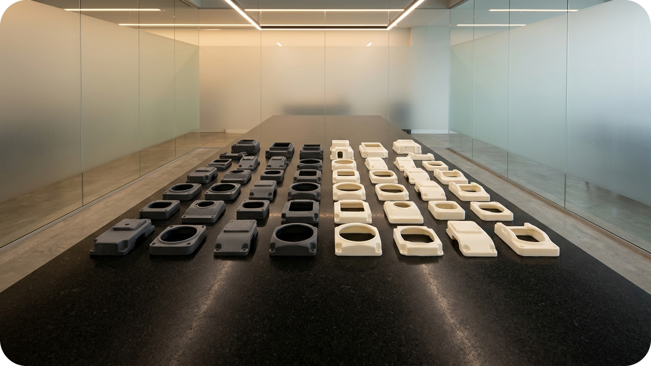 The Future of Product Development: From Rigid 'Design Freeze' Milestones to Data-Driven Continuous Hardware Evolution — Geometric inspection grid of 40 precision matte-charcoal and satin off-white industrial SLA housings and bezels across a black granite table — Concept Illustration (Not a Photograph of Delivered Client Parts)