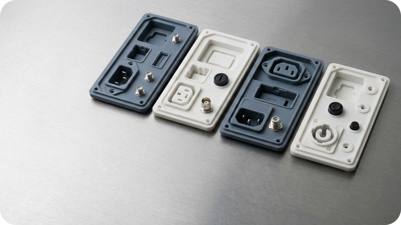 Balance-Sheet Impact of Digital Low-Volume Production: Reducing Inventory Write-Offs and Boosting ROIC — Four regional localization rear housing panels with distinct recessed AC power inlets and RF connector cutouts for global export markets — Concept Illustration (Not a Photograph of Delivered Client Parts)