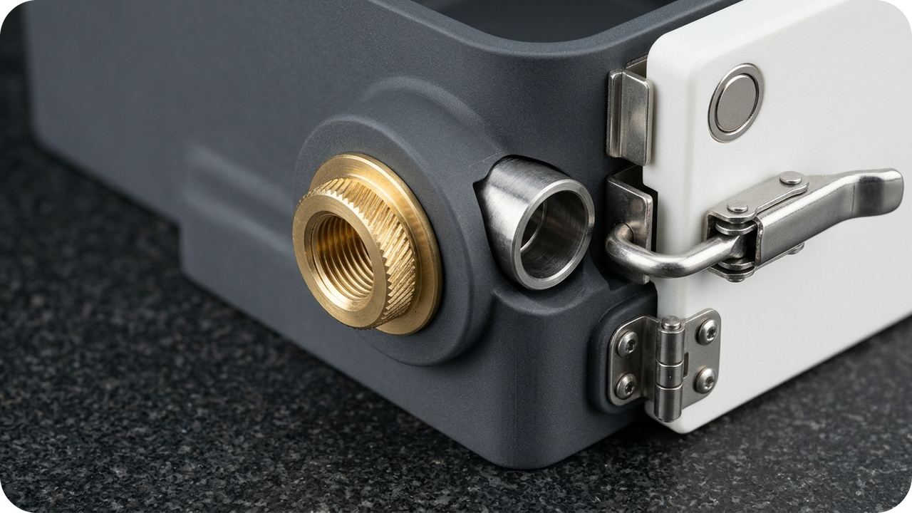 Kit-Based Split Delivery: Receiving Matched Upper/Lower Housings and Brackets as Complete Unit Kits Per Release — Gate-4 mechanical reinforcement macro featuring a flanged knurled brass insert, stainless-steel compression limiter sleeve, metal pin hinge, toggle latch, and neodymium magnet catch — Concept Illustration (Not a Photograph of Delivered Client Parts)