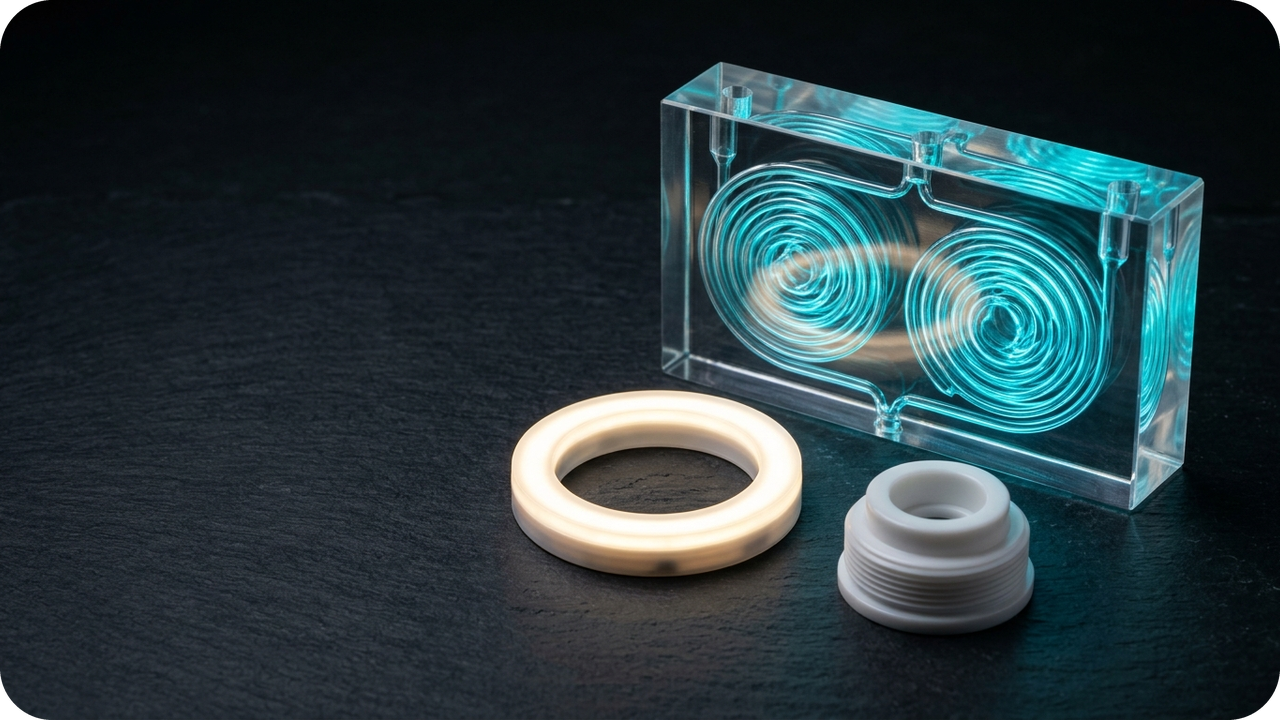 Iterating LiDAR & Depth-Camera Sensor Window Angles (Rev A → B → C) Without Scrapping Multi-Cavity Tooling — Gate-6 optical Clear SLA qualification showing a crystal-clear polished microfluidic spiral manifold block beside a warm-white LED light-pipe ring — Concept Illustration (Not a Photograph of Delivered Client Parts)