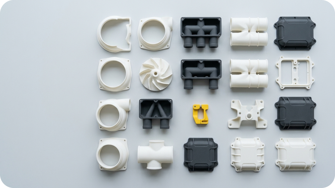 The 2030 Zero-Inventory Vision: Connecting Cloud Part Libraries Directly to 48-Machine Industrial SLA Smart Factories — Swiss-grid flat-lay of 16 distinct multi-SKU industrial SLA housings, impellers, manifolds, and brackets representing zero-stock digital inventory — Concept Illustration (Not a Photograph of Delivered Client Parts)
