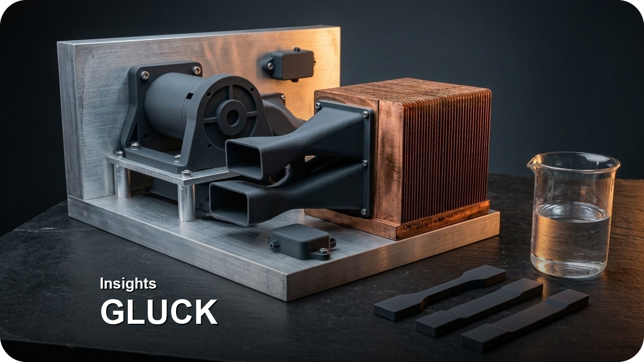 Opticho Development Loop: Moldless SLA Bridge Production (100–5,000 Units) & US Sourcing Guide — Heat-Resistant Jaws-Grey (GLUCK G40-JG, 80°C HDT) SLA Motor Brackets & Cooling Air Ducts on Aluminum Thermal Test Rig Beside Copper Heatsink, ASTM Test Bars, and IPA Solvent Beaker (Hermes gluck-hero PNG RGBA)