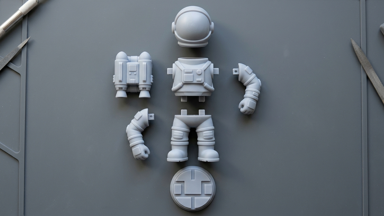 AI Print Failure #19: Heavy Solid Statues Detaching from Supports Mid-Build—Mandatory Hollowing & Internal Lattice Bracing — Tripo 3D designer art-toy figurine in exploded view showing precision square alignment keys (+0.20mm clearance) — Concept Illustration (Not a Photograph of Delivered Client Parts)