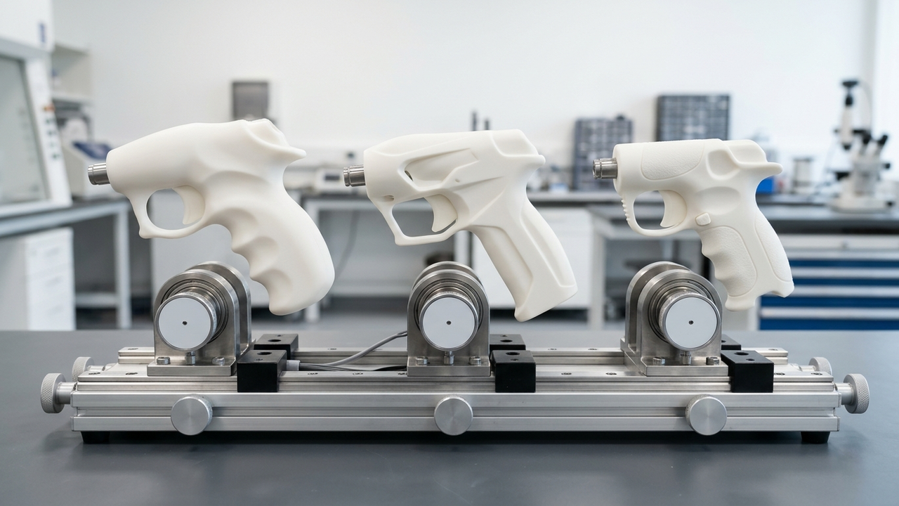 Generative Acoustic Diffuser Wall Panels via Meshy AI & Parallel 48-Machine SLA Batch Production at GLUCK — Ergonomic robotic surgical handpiece housing finished in IPA disinfectant-resistant medical white polyurethane — Concept Illustration (Not a Photograph of Delivered Client Parts)