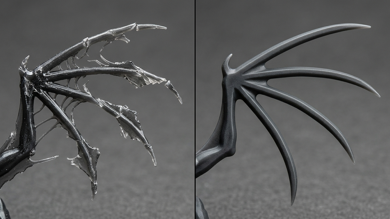 The 5 Golden Rules of Hybrid AI+CAD Collaboration: Locking World Origin (0,0,0), Millimeter Units & Mechanical Keep-Out Zones — Fragile sub-0.4mm AI mesh whiskers (left) vs. DfAM-thickened 1.5mm reinforced ribs and details (right) — Concept Illustration (Not a Photograph of Delivered Client Parts)
