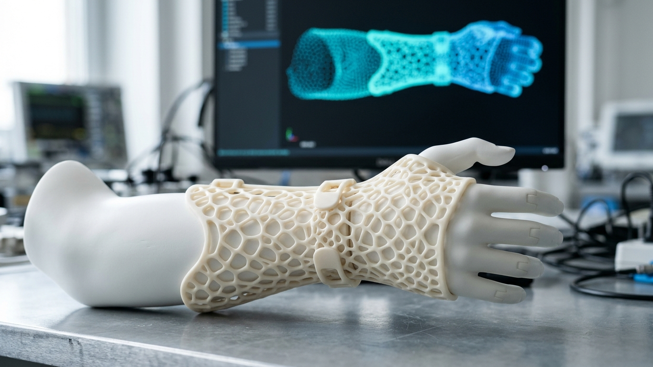Extracting Best-Fit Datum Planes & Cylinder Axes from 3D Scan Meshes in Rhino MCP for Fast GLUCK Reverse Engineering — Patient-specific Voronoi breathable orthopedic wrist exoskeleton splint printed in biocompatible-grade White SLA — Concept Illustration (Not a Photograph of Delivered Client Parts)