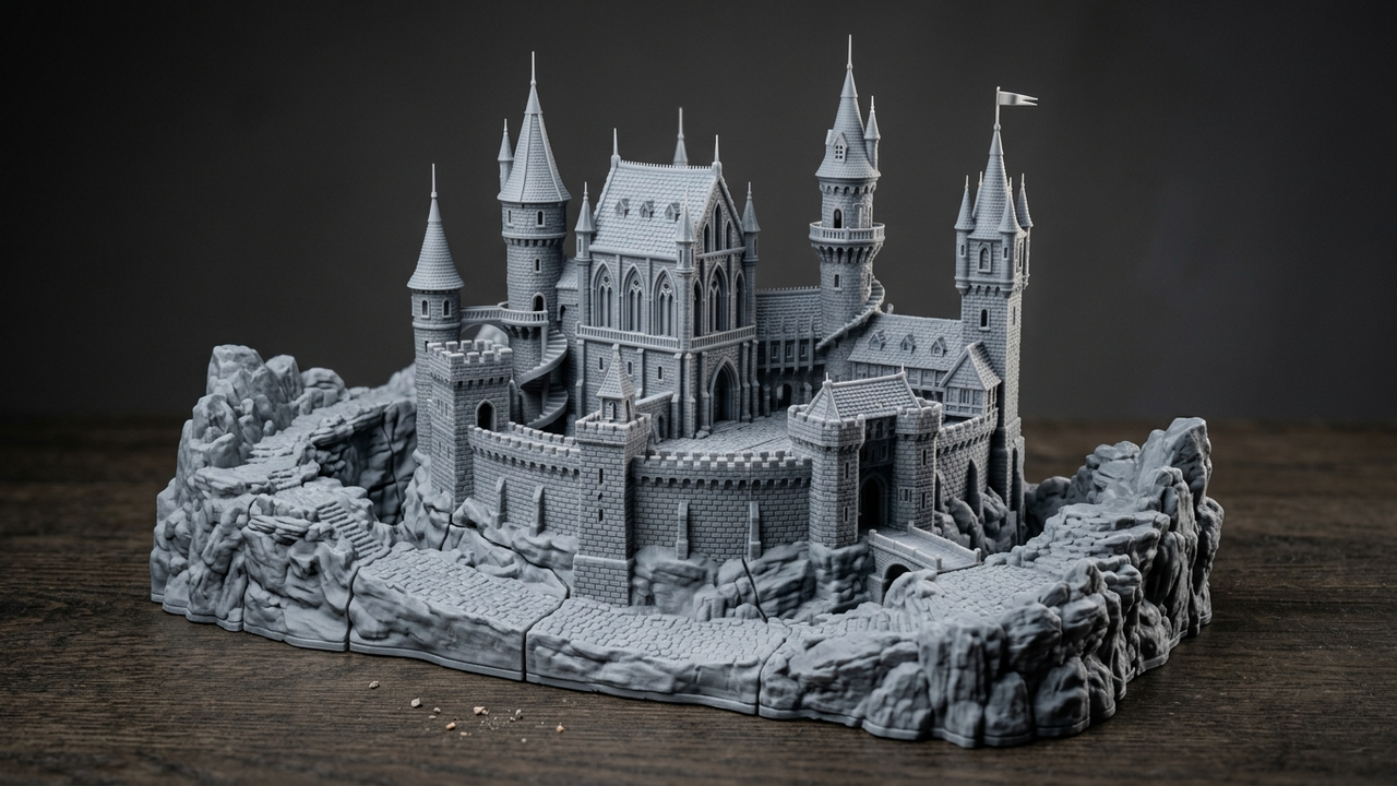 How AI 3D Modeling Should Be Used: The 80/20 Rule—80% AI Concept Speed + 20% Human DfAM Engineering + GLUCK 6-Gate Execution — Meshy AI architectural diorama terrain and castle model printed in high-resolution GLUCK SLA — Concept Illustration (Not a Photograph of Delivered Client Parts)