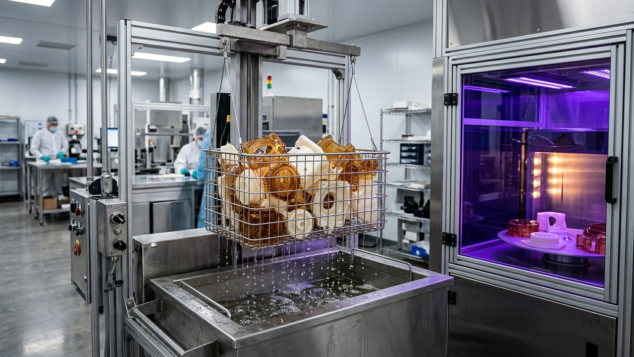 Combining Fusion 360 Generative Design Topology Optimization with GLUCK SLA to Cut Robotics Bracket Weight by 45% — Industrial ultrasonic IPA wash system (left) and 405nm UV + thermal post-cure chamber (right) at GLUCK — Concept Illustration (Not a Photograph of Delivered Client Parts)