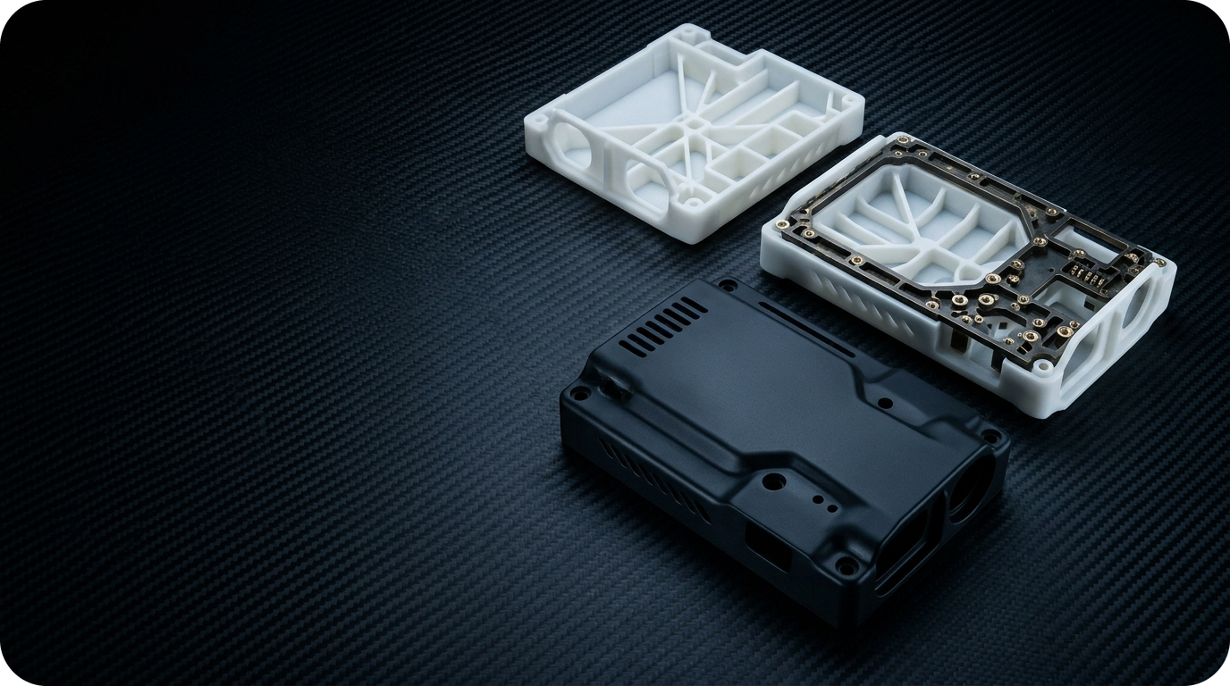 Preserving DFM & Process Knowledge Across EVT, DVT, and PVT Enclosure Iterations — Three-State Engineering Enclosure Sequence: Internal Matte-White Rib Shell, Brass-Insert Sub-Frame, and Finished Matte-Black Outer Housing (Hermes Inline 52px Rounded PNG RGBA)