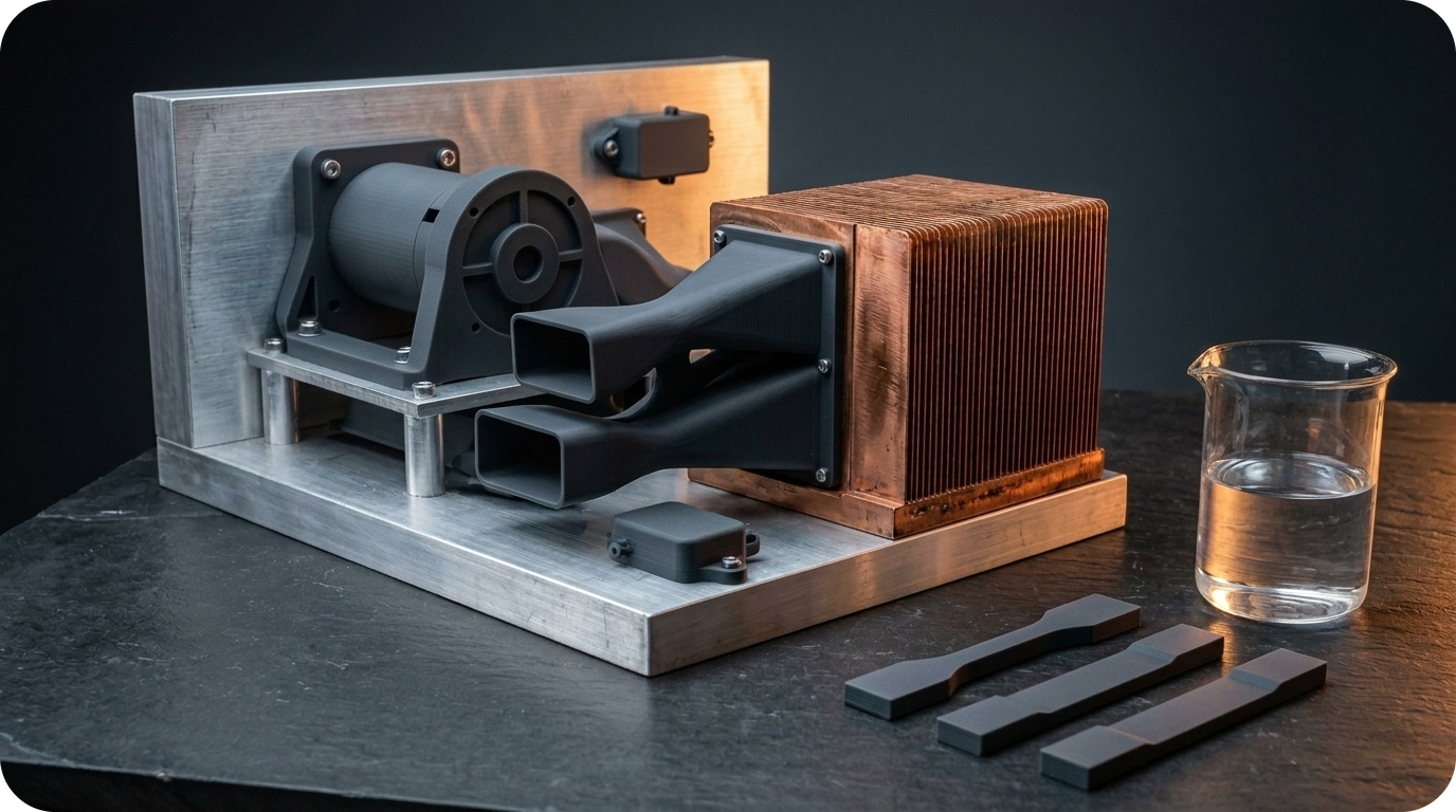 IOT Surface Identity: Industrial SLA Photopolymer Specification & ASTM Thermal/Mechanical Guide — Heat-Resistant Jaws-Grey (GLUCK G40-JG, 80°C HDT) SLA Motor Brackets & Cooling Air Ducts on Aluminum Thermal Test Rig Beside Copper Heatsink, ASTM Test Bars, and IPA Solvent Beaker (Hermes Inline 52px Rounded PNG RGBA)