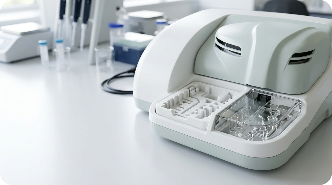 Opticho Development Loop: Moldless SLA Bridge Production (100–5,000 Units) & US Sourcing Guide — Multi-Part Benchtop In-Vitro Diagnostic (IVD) Analyzer Satin-White SLA Exterior Housing, Reagent Carousel Cover, and Polished Optical-Clear Cuvette Manifold (Hermes Inline 52px Rounded PNG RGBA)