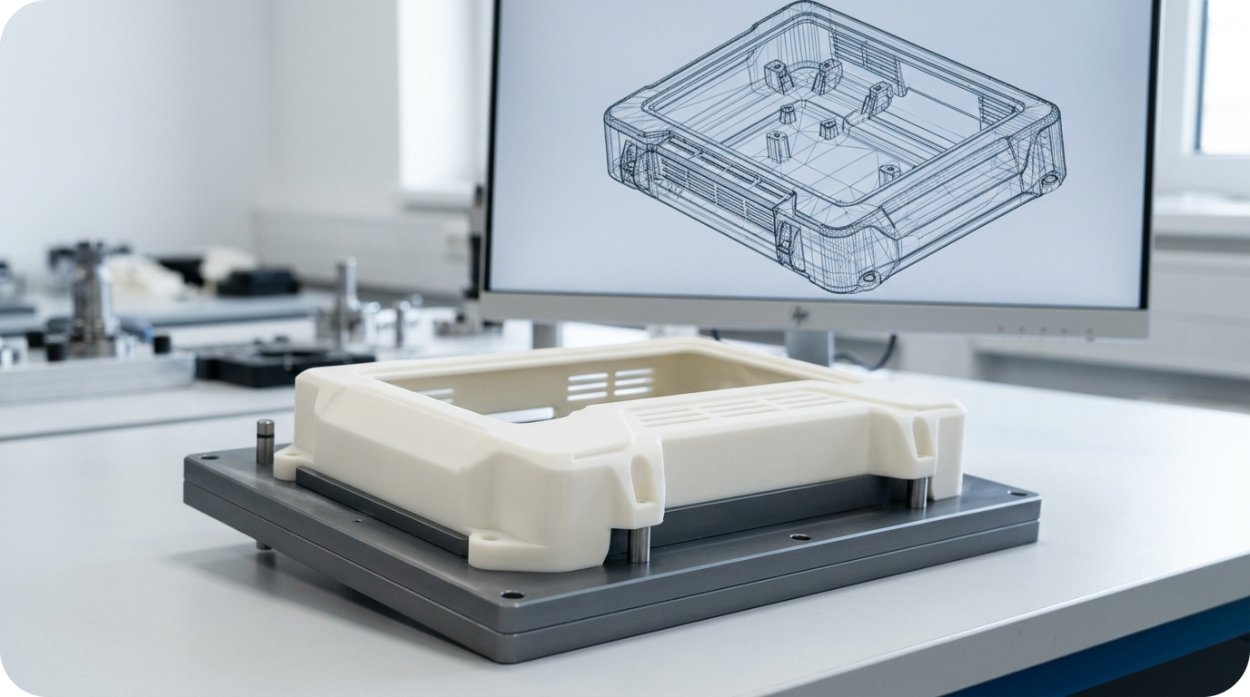 Postprocessing Bottleneck: Class-A Surface Finishing, Datum Masking & Creaform 3D Scan QA Standard — Digital 3D CAD Wireframe Model Behind Matching Finished Matte-White SLA Front Bezel on Precision Alignment Fixture (Hermes section2 PNG RGBA)