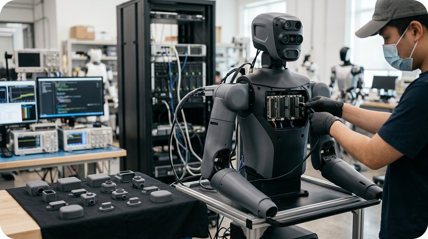 A humanoid robot standing in a factory line, illustrating hardware production challenges