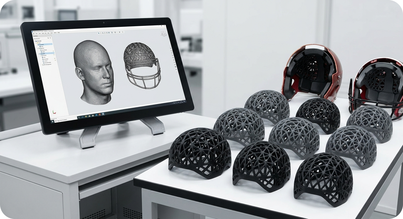 NFL 헬멧 : 선수마다 다른 머리를 양산하는 법 관련 공정 설명 이미지 (AI-generated visual by gemini)