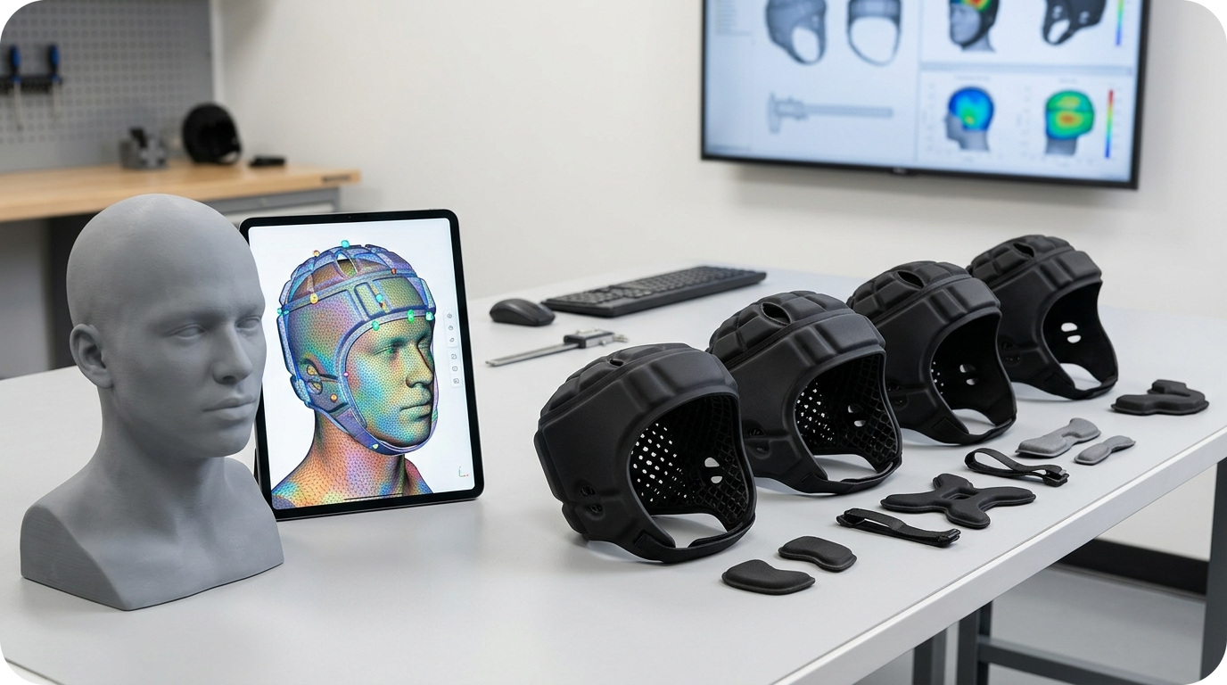 Head scan data converted into a custom protective structure (AI-generated visual by gemini)