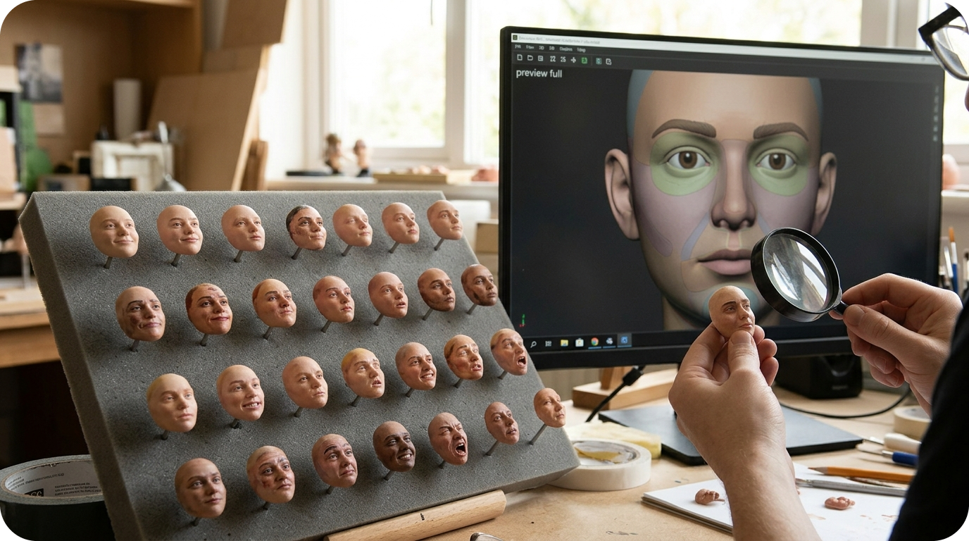 A stop-motion character face being prepared for full-color 3D printing (AI-generated visual by gemini)
